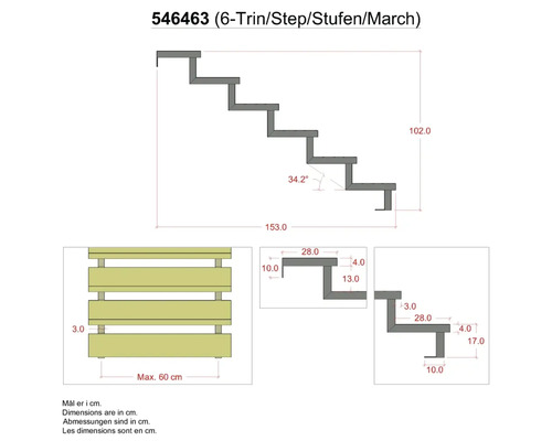 Teknisk ritning av en trappa med sex steg och mått