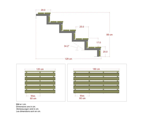 Teknisk ritning av en trappa med tillhörande mått och två vyer av träpaneler av olika bredder