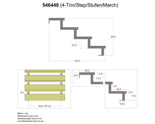 Teknisk ritning av trappa med fyra steg och måttangivelser