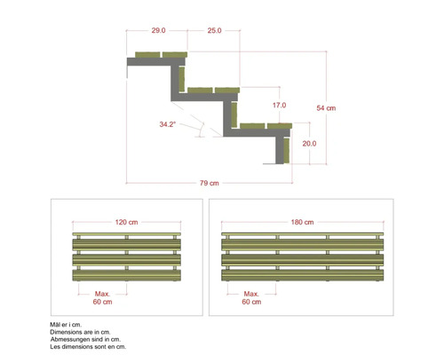 Teknisk ritning av en trätrappa med mått