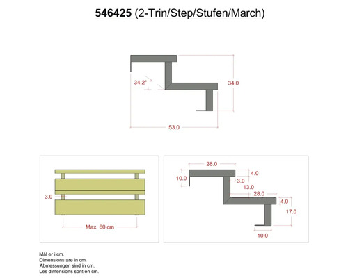 Ritning av en trappa med två steg med måttangivelser