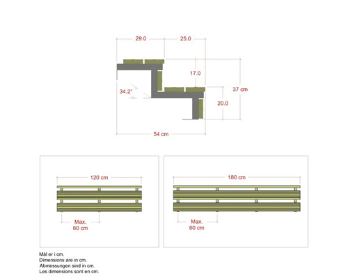 Teknisk ritning av en bänk med mått