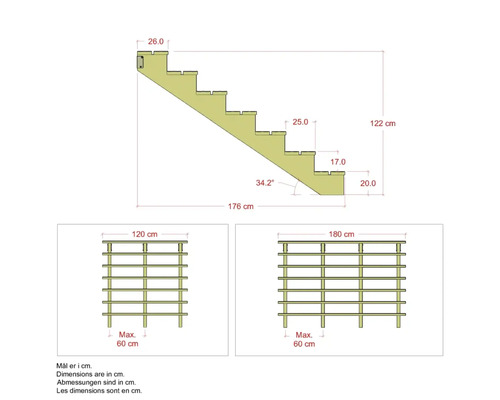 Teknisk ritning av en trappa med mått och två staketselement med mått.