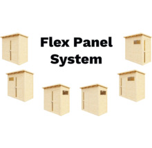 Flera trästugor med fönster och dörr, som visas som ett flexpanelsystem.