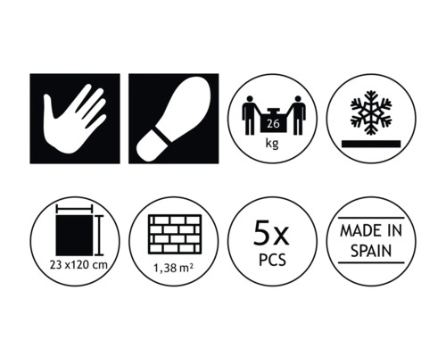 Symbolbild: Hand, fotavtryck, vikt, frostbeständighet, storlek 23 x 120 cm, yta 1,38 m², 5 stycken, tillverkad i Spanien