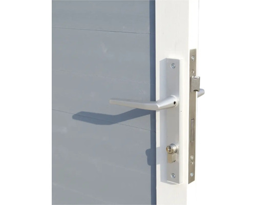 Detalj av en dörr med silverfärgat dörrhandtag och lås