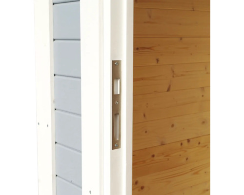 Detaljvy av dörr med låsfälla i dörrkarmen