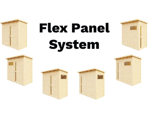 Flex Panel System trädgårdsskjul av trä, olika vyer