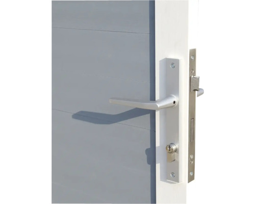 Närbild av en dörr med silverfärgat dörrhandtag och lås