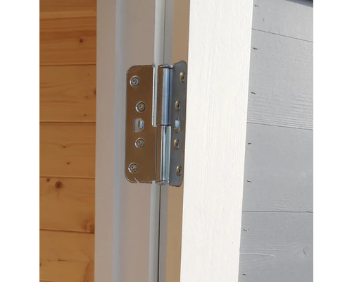 Detaljvy av ett dörrband av metall på en trädörr