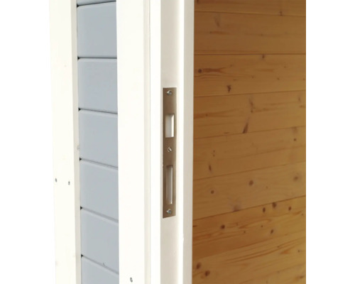 Detaljvy av en trädörr med låsregel