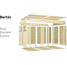 Bertilo logotyp. Sprängskiss av ett trädgårdshus i ett enkelt elementsystem.