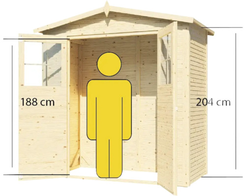 Bild av ett trädgårdshus i trä med öppna dörrar och storleksangivelser