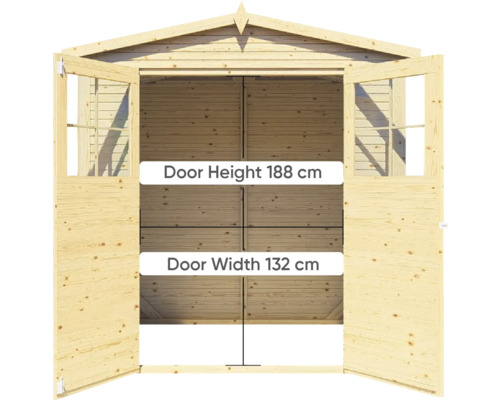 Trädgårdshus i trä med öppen dubbeldörr, dörrhöjd 188 centimeter, dörrbredd 132 centimeter