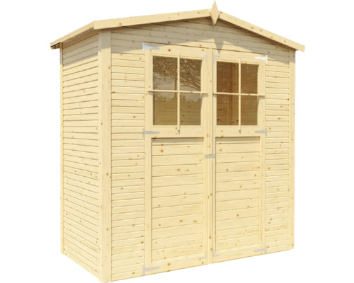 Trädgårdsskjul i trä med dubbeldörr och fönster