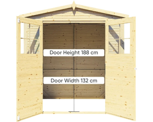 Öppen träportvy av en trädgårdsskjul med mått på dörrhöjd och bredd