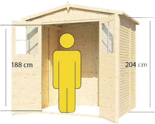 Trädgårdshus i trä med öppna dörrar och höjdangivelse