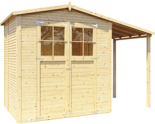 Trädgårdshus i trä med dubbeldörr och tak