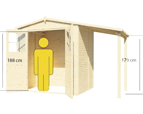 Mått på ett trädgårdsförråd i trä med en dörrhöjd på 188 centimeter och en höjd på takförlängningen på 179 centimeter