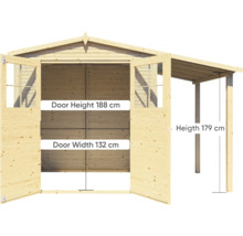 Trädgårdshus i trä med öppna dubbeldörrar och carport, dörrhöjd 188 cm, dörrbredd 132 cm, höjd carport 179 cm