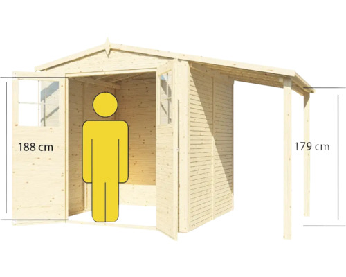 Bild av ett trädgårdshus i trä med öppen dörr och sidoskydd, med storleksangivelse
