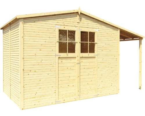 Trädgårdshus i trä med dubbeldörr och tak