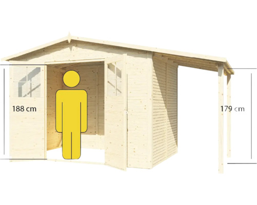 Trädgårdsskjul av trä med en höjd på 188 cm och ett tak på 179 cm