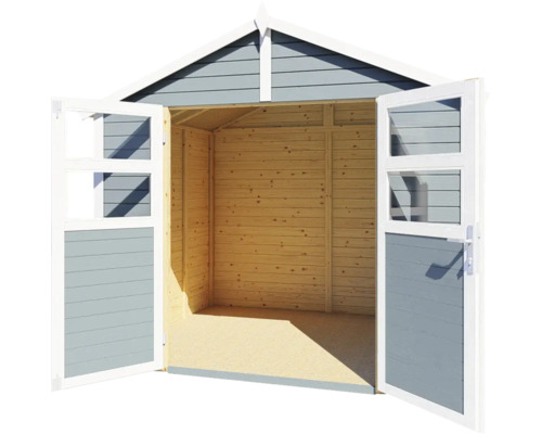 Öppet trädgårdsförråd i trä med dubbeldörr