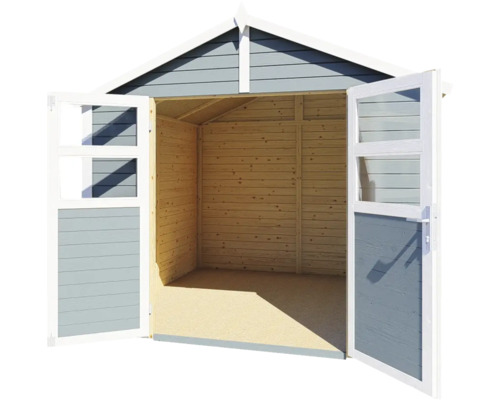 Öppet trädgårdshus med träväggar och dubbeldörr