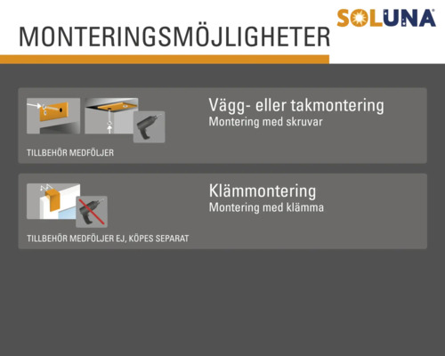 Soluna monteringsmöjligheter för vägg eller tak och klämmontage.