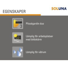 "Egenskaper för Soluna Duo plisségardiner: lämplig för bildskärmsarbetsplatser och våtrum