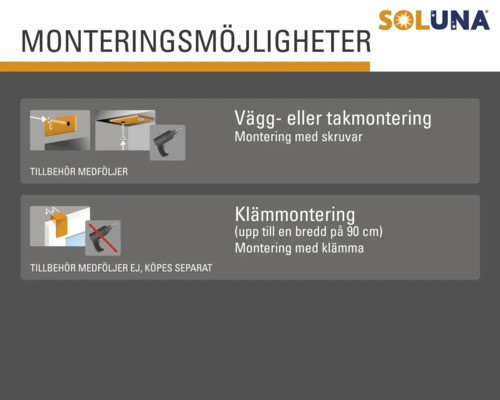 Soluna monteringsalternativ för vägg eller tak, montering med skruvar eller klämmor
