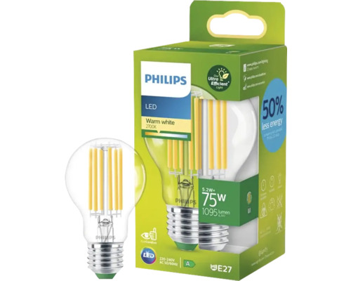 Philips LED-lampa E27 med 5,2 watt och varmvitt ljus i kartong