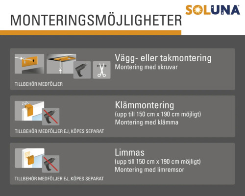 Monteringsalternativ för Soluna produkter: Vägg- eller takmontering med skruvar, klämmontage upp till 150 cm x 190 cm med klämma, limning upp till 150 cm x 190 cm med tejp. Soluna logotyp.