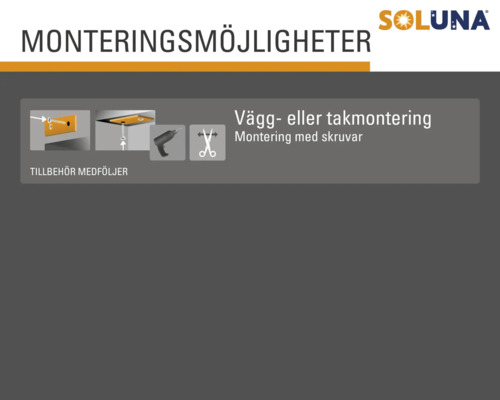 Monteringsalternativ för vägg- eller takmontering med skruvar, tillbehör medföljer