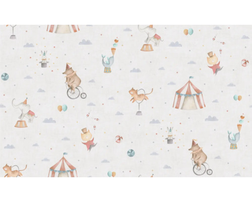 Tapet med cirkusmotiv, inklusive cirkustält, djur och moln