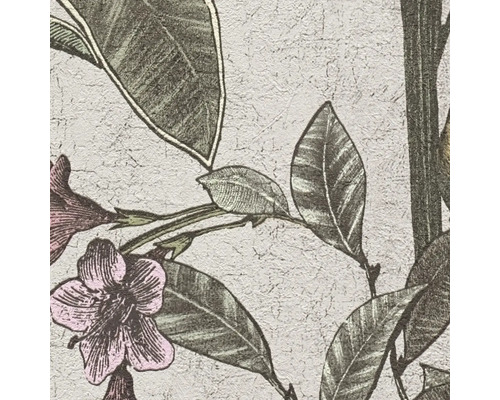 Närbild av en strukturerad tapet med blom- och bladmönster