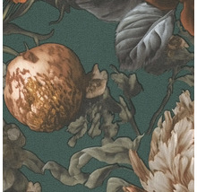 Närbild av en tapet med blommönster och fruktmotiv