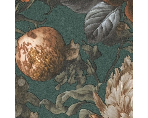 Närbild av en tapet med blommönster och fruktmotiv