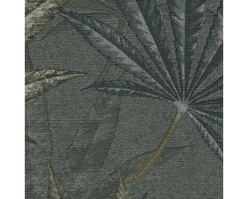 Närbild av en grå strukturtapet med palmbladmönster