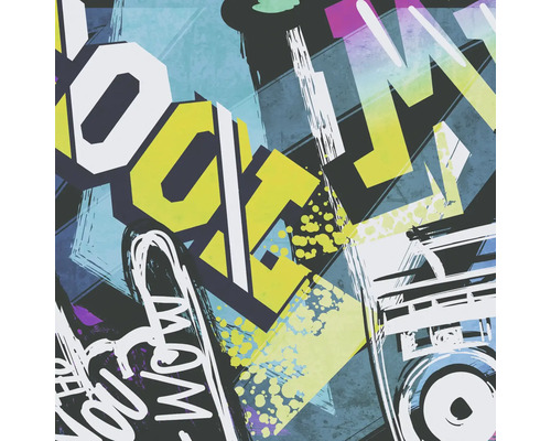 Abstrakt graffitidesign med geometriska former och bokstäver.