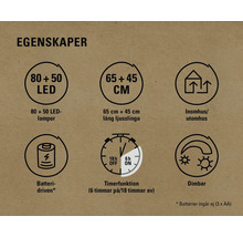 Egenskaper: 80 plus 50 lysdioder, 65 plus 45 centimeter, för inomhus- och utomhusbruk, batteridriven, timerfunktion, dimbar