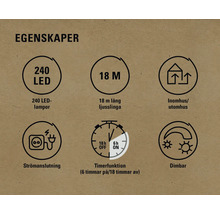 Egenskaper: 240 LED-lampor, 18 meter lång, för inomhus- och utomhusbruk, strömanslutning, timerfunktion, dimbar