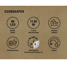 Egenskaper: 80 LED-lampor, 11,85 meter lång, strömanslutning, timerfunktion, dimbar, inomhus och utomhus