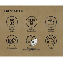 Egenskaper: 160 LED, 23,85 meter, för inomhus- och utomhusbruk, strömanslutning, timerfunktion, dimbar.