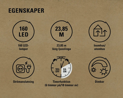 Egenskaper: 160 LED, 23,85 meter, för inomhus- och utomhusbruk, strömanslutning, timerfunktion, dimbar.