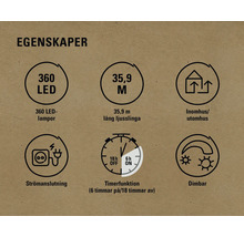 Egenskaper: 360 LED-lampor, 35,9 meter lång ljusslinga, inom- och utomhusbruk, strömanslutning, timerfunktion (6 timmar på/18 timmar av), dimbar