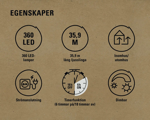 Egenskaper: 360 LED-lampor, 35,9 meter lång ljusslinga, inom- och utomhusbruk, strömanslutning, timerfunktion (6 timmar på/18 timmar av), dimbar