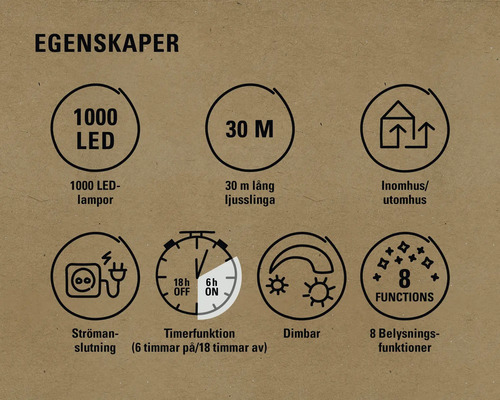 Egenskaper: 1000 lysdioder, 30 meter lång, lämplig för inomhus- och utomhusbruk, strömanslutning, timerfunktion, dimbar, åtta belysningsfunktioner.