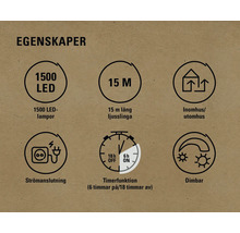 Egenskaper: 1500 LED-lampor, 15 meter lång, för inomhus- och utomhusbruk, strömanslutning, timerfunktion, dimbar